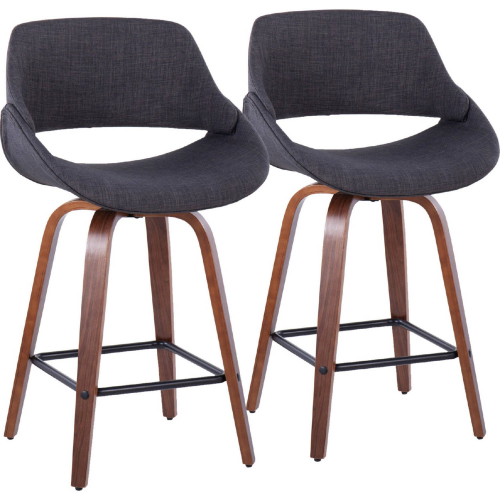 Fabrico 26" Counter Stool in Walnut Wood & Charcoal Fabric with Black Footrest (Set of 2)